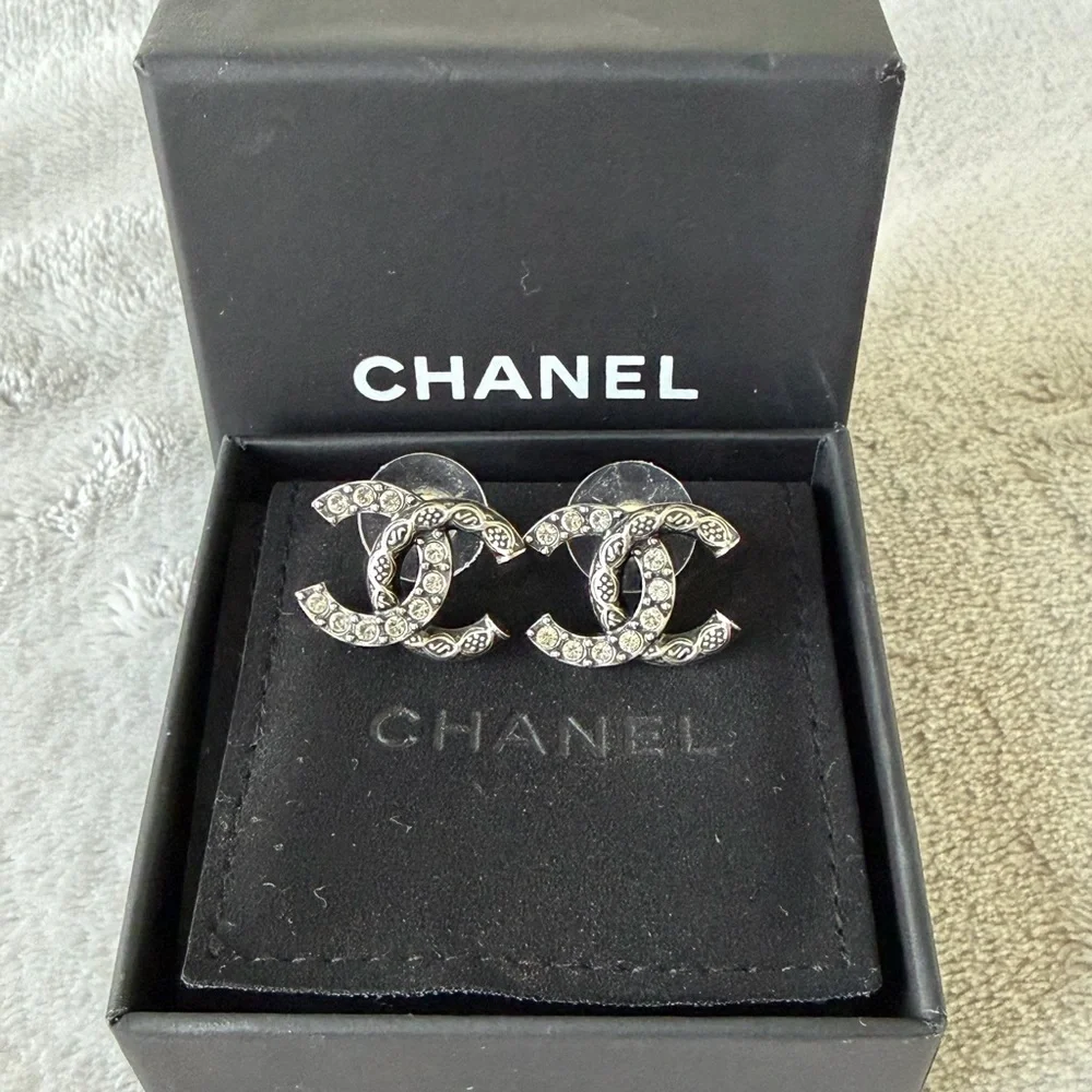 CHANEL Silver & Crystal CC Earrings - Picture 2 of 9